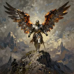 painting of a fallen angel paladin with big burnt wings reaching the summit of a haunted mountain, sharp focus, award - winning, trending on artstation, masterpiece, highly detailed, intricate. art by johannes voss