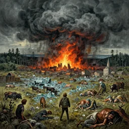 where the demons of the fallout covered the countryside the first unleashing of the hell - fire. cities had become puddles of glass, the lands littered with bodies, both men and cattle, and all manner of beasts, the great clouds of wrath engulfed the forests and the fields by anton semonov, shaun tan, agostino arrivabene, craig davison