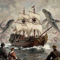 an impossibly huge pirate ship, being attacked by a kraken, giant tentacles. 1930s photograph