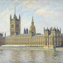Palace of Westminster, illustrated by Claude Monet, very detailed