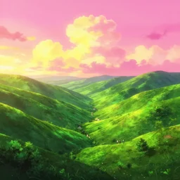 lush green valley pink anime sky clouds backlit by yellow,, high contrast, vibrant colors, vivid colors, high saturation, fantasy, artwork, aesthetic, calming, very beautiful scenery, hd, hdr, ue 5, ue 6, unreal engine 5, cinematic, 4 k wallpaper, 8 k ultra, by greg rutkowski and jesper ejsing and raymond swanland and alena aenami, featured on artstation, wide angle