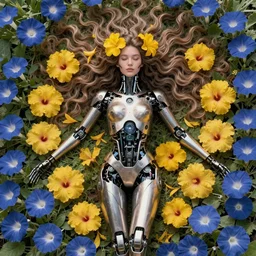 a beautiful intricate fine art portrait photo of a cyborg neytiri with bionic implants, epic wavy hair spread out around her lined with yellow hibiscus, lying on a bed of morning glory flowers, by natalie shau and ed binkley, masterpiece!, futuristic robot body, top view, studio lighting, golden ratio composition, 3 5 mm lens, deep depth of field, artstation, 8 k