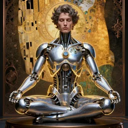photo of a beautiful male meditating steampunk cyborg, is connected with glowing devices, golden glowing outlines, artwork by james jean, realistic silver and blue metallic, jean delville, art nouveau, gustav klimt, ornate copper patina gothic icon, james jean, ultrasharp hyperdetailed photorealistic octane render