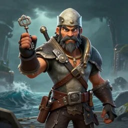 portrait of a sea of thieves character holding a key, sea of thieves screenshot, storm, unreal engine, digital art