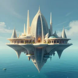 first person perspective digital illustration of a floating water palace by beeple and Roger Dean:1|fantasy, horizontal symmetry, cinematic, architectural design by Frank Lloyd Wright:0.9|Unreal Engine, Octane, finalRender, devfiantArt, artstation, artstation HQ, behance, HD, 16k resolution:0.8