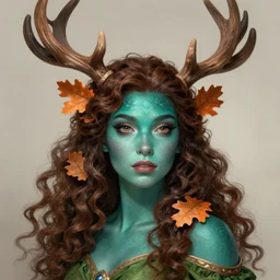 beautiful digital painting of freya allan with teal skin and antlers made from wood on her head, brown curly hair with orange oak leaves, in a green dress D&D, fantasy, intricate, beautiful eyes, cinematic lighting, highly detailed, digital painting,  Artstation, concept art, smooth, sharp focus, illustration, art by Artgerm and Greg Rutkowski, Alphonse Mucha and Rossdraws