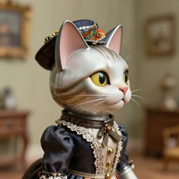 closeup profile portrait of a tin toy cat dressed as a victorian lady, nicoletta ceccoli, mark ryden, lostfish, max fleischer, depth of field, detailed and intricate environment, 8 k resolution, hyperrealistic, octane render