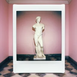 A polaroid photo of an ancient greek statue in a pink room with a checkerboard floor
