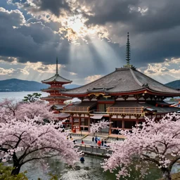 japanese temples, cherry blossoms, worshippers, lakes, clouds, van gogh style