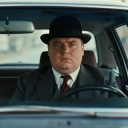cinematic still of portly clean-shaven white man wearing suit and necktie and boater hat as car salesman in 1994 film, XF IQ4, f/1.4, ISO 200, 1/160s, 8K, RAW, dramatic lighting, symmetrical balance, in-frame