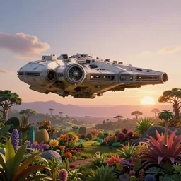 millenium falcon in the sky, sunrise in alien planet, full of vegetation, colourful plants, trees, beautiful matte painting, dreamy, high detail, artstation n - 4