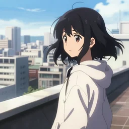 anime visual portrait of a young black haired girl wearing hoodie sightseeing above the urban city school rooftop sunny day cute face by yoh yoshinari katsura masakazu dramatic lighting dynamic perspective strong silhouette ilya kuvshinov
