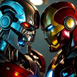 a photo of iron man looking at a terminator t - 8 0 0 exoskeleton. they are both looking at each other and are aggressive. they both are ready to fight each other. the terminator looks scary with it's red eyes, shiny and reflective metal, and humanoid teeth. while iron man looks like he is ready to protect himself, with his eyes light with blue white