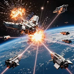 Movie scene of a huge space battle near Earth, with explosions and lasers shooting, large detailed spacecraft, hyperdetailed, artstation, cgsociety, 8k