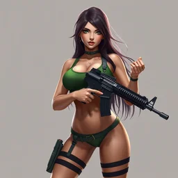 a vtuber model concept art of a beautiful curvy anime girl with an athletic feminine body in a green tank top holding an assault rifle, art by cushart krentz and greg rutkowski, long hair, tanned body, empty background, illustration, hyperrealism, octane render, commission art, trending on artstation, pinterest