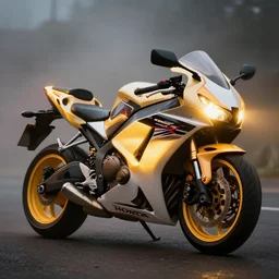 a glowing honda cbr 6 0 0 motorbike, foggy background, hyperrealistic, volumetric golden dappled dynamic lighting, highly detailed, sharp focus, by victo ngai