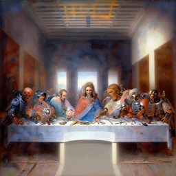 painting of tech priests dining at the last supper, adeptus mechanicus!, cybernetic enhancements attached to his body, praise the omnissaiah, zdzislaw beksinski, lewis jones, mattias adolfsson, warhammer 4 0 k!!, cold hue's, warm tone gradient background, concept art, digital painting