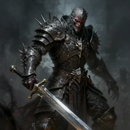 A hyper realistic dark fantasy painting of a undead warrior with a big sword by Adam Duff and Julia Yurtsev, intricate details, spiky armour, glowing eyes, monstrous, trending on artstation, pinterest, pixiv, 4k, 8k, HDR, Unreal Engine, Octane render