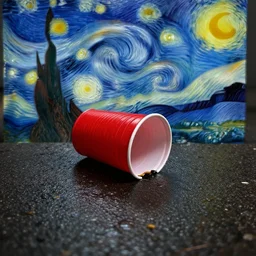 a single crushed red plastic cup on wet sidewalk, epic lighting, dramatic composition, in the style of van gogh