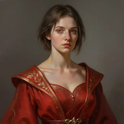 painted portrait of rugged zarya wearing red dress, short hair, upper body, robe fantasy intricate elegant highly detailed digital painting, artstation, concept art, smooth, atmospheric lighting sharp focus illustration art by craig mullins greg rutkowski