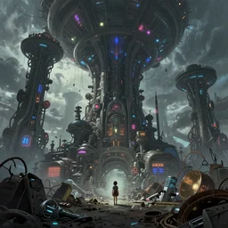 beautiful low angle painting of an alien world with unknown structures and technology, steampunk, wires everywhere, junk on the ground, neon lights, a tiny girl watching on, moody atmosphere, epic composition, dramatic lighting, trending on artstation, octane render, by robert zemeckis