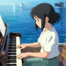 Anime girl playing piano on blue water, long distance camera, Cushart Krenz, Shinkai Makoto, lots of details, extremely detailed, 4k