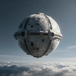 wide shot from the surface of the planet while a ball shaped sci fi ship is entering the atmosphere, the atmosphere is clouds, the space ship is round, sharp focus, concept art, very detailed, very realistic, trending on artstation, in the style of star wars, beautiful, sci fi, cinematic shot, great composition, dynamic light, atmosphere, wojtek kapusta, jonathan ching, edgaras cernikas, scott robertson,