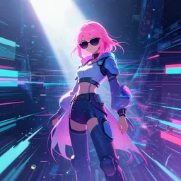 an angelic hacker with pink hair in vast cyberspace glitching through a sunshaft, wearing sunglasses, futuristic clothes, vibrant colors, glitchy, rule of thirds, spotlight, drips of paint, expressive, passionate, by greg rutkowski, by jeremy mann, by francoise nielly, by van gogh, digital painting