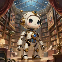 cute steampunk robot in a polygonal library walls and glass ceilings showing the stars and hanging silk drapery and tapestries, light dust, magnificent, close up, details, sharp focus, elegant, highly detailed, illustration, by Jordan Grimmer and greg rutkowski and PiNe(パイネ) and 薯子Imoko and 香川悠作 and wlop and maya takamura, intricate, beautiful, Trending artstation, pixiv, digital Art