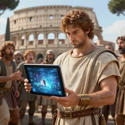 man from the future bring ipad tablet to ancient rome and show the amazed people about the technology of the future. real, 4 k, cg, unreal engine