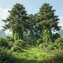 An overgrown terrain with big pine trees, lush bushes and colorful flowers, verdant grass and rich vines, immaculate and massive scale, digital art, trending on Artstation, detailed, hyper-realistic, Greg Rutkowski