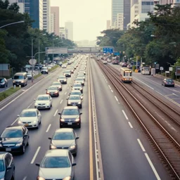 a stunning aesthetic wallpaper of a city highway full of traffic with a train track and bus lane nearby, photograph by wes anderson, 8 k, soft focus, cinematic lighting, trending on flicker, super resolution.