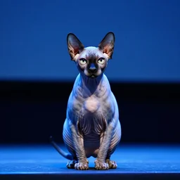 photograph of an egyptian hairless cat at the center of a teather stage, blue filter, high fidelity, 4 k