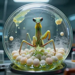 a highly detailed mantis - like alien abomination puking thousands of eggs towards the camera, inside a petri dish, in a biotech lab, from love death and robots ( 2 0 1 9 ). sticky liquids, greenish fluids, yellowish steam. coherent portrait, intricate, elegant, suspense environment, digital photo, trending on artstation, hdr photo, smooth, sharp focus