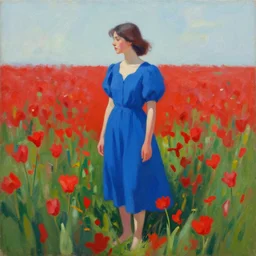 a painting of a woman in a blue dress standing in a field of red flowers by craig mullins, trending on artstation, color field, concept art, artstation hd, matte drawing