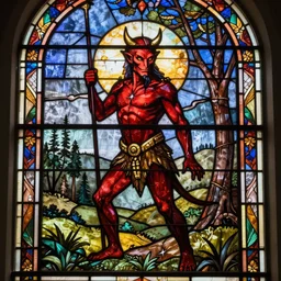 A stained glass window made by a master craftsman depicting the devil in the style of Hieronymus Bosch
