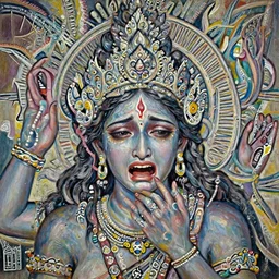 A cinematic crying closeup portrait of the Hindu demon goddess of grief despair sorrow, by Edward Hopper, by Wayne Barlowe, by Bruce Pennington, by Zdzisław Beksiński, oil on canvas, masterpiece, masterpiece, trending on artstation, featured on pixiv, cinematic composition, astrophotography, dramatic pose, beautiful lighting, sharp, details, details, details, hyper-detailed, no frames, 8K