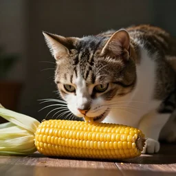 low resolution photograph of a cat eating corn on the cob