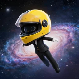 black suit catgirl yellow motorcycle helmet, floating through galaxy