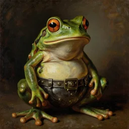 frog anthropomorphic, wearing heavy metal short, medium shoot, style very heavy textured Rembrandt oil painting portrait with dramatic,