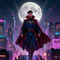 a cityscape with a big moon, doctor strange!!!!, vaporwave, synthwave, glowing neon lights, detailed illustration, octane render, god rays, intricate, epic lighting, cinematic composition, hyper realistic, 8 k resolution, unreal engine 5, by artgerm, tooth wu, dan mumford, beeple, wlop, artstation