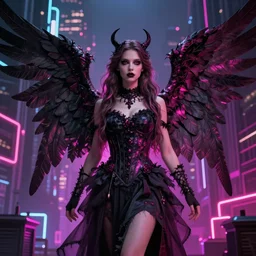 gorgeous gothic angel in a neon city, masterpiece render, extremely detailed