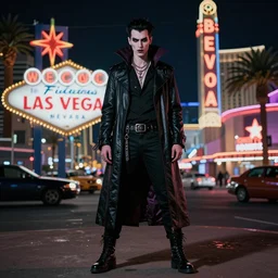 full body portrait of a punk vampire on the Las Vegas strip at night, by shan qiao, cinematic, hyper realism, high detail, octane render, 8k, CGsociety, concept art