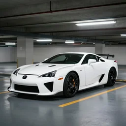 a three quarter shot of a lexus lfa in a parking garage, 4k, hyper realistic, car photography