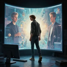 young man steps into a comtuper screen that opens up to a new dimension by alex grey and thomas kinkade