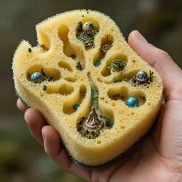 hand holding sponge with many tunnels inside each hole, tunnels lead to different worlds, surreal, detailed, high definition, lord of the rings esk, close up, mysterious, curiosity,