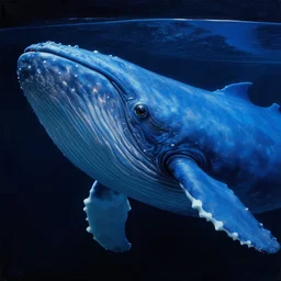 close - up view of a giant sci - fi whale - like alien sea creature with big eyes in a giant futuristic aquarium, deep blue colors, highly detailed science fiction painting by syd mead, roger dean, and moebius. rich colors, high contrast, black background. artstation.