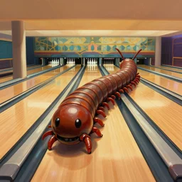 A professional digital painting of a giant centipede in an art deco bowling alley, by Greg Rutkowski, trending on ArtStation
