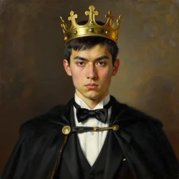 a portrait of an emperor, young, olive skin, sharp eyes, sharp nose, black short hair, royal crown, royal cape, black suit, white shirt, black bowtie, determined, oil painting