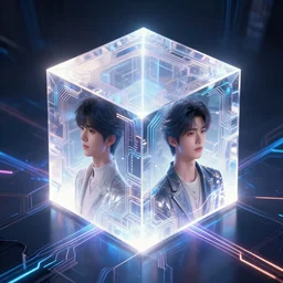 symmetry!! asian prince of technology, solid cube of light, hard edges, product render retro - futuristic poster scifi, lasers and neon circuits, handsome asian prince, intricate, elegant, highly detailed, digital painting, artstation, concept art, smooth, sharp focus, illustration, dreamlike, art by artgerm